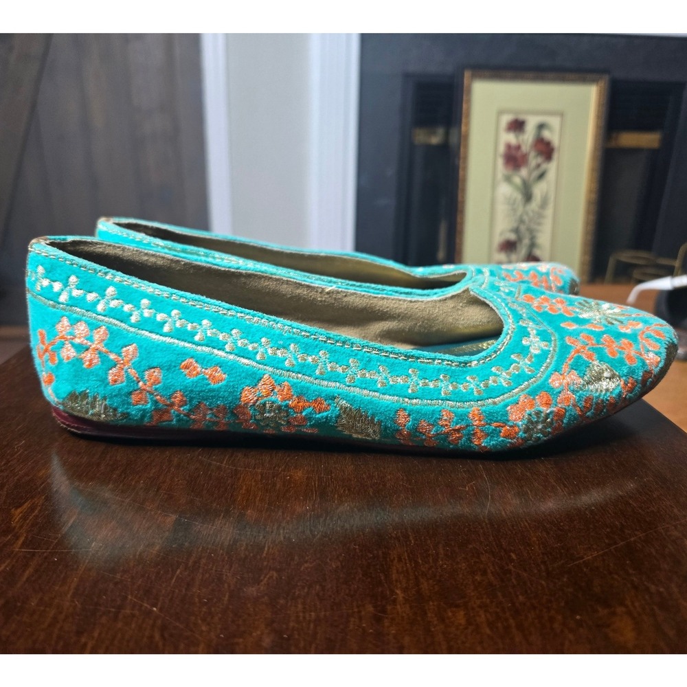CYD Embroidered Floral Flats Womens 8M Turquoise Teal Orange Jutti Loafers Shoes